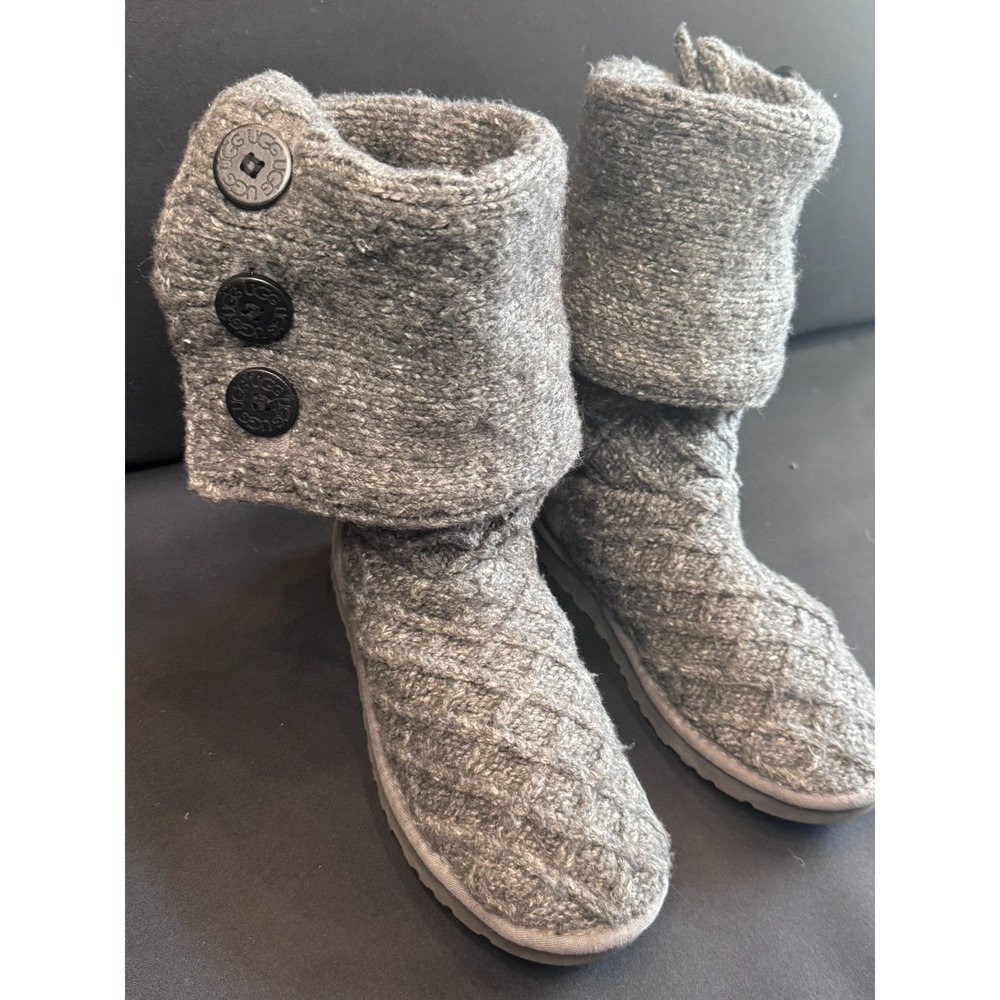 UGG Australia Lattice Cardy Knit Boots Gray Wool Convertible Tall Slouchy 3066
